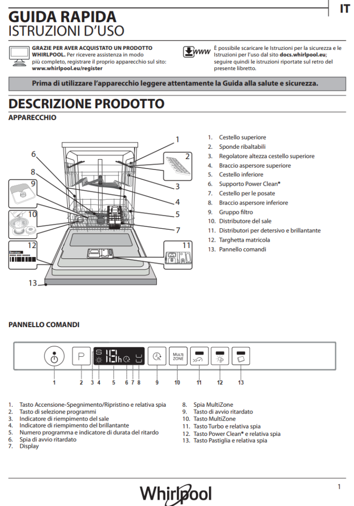 Manuale di Istruzioni Lavastoviglie Whirlpool Power Clean 6th Sense