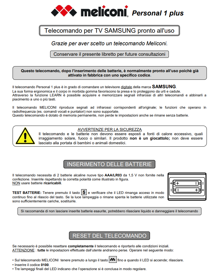 Manuale Telecomando Meliconi Personal 1 Plus PDF