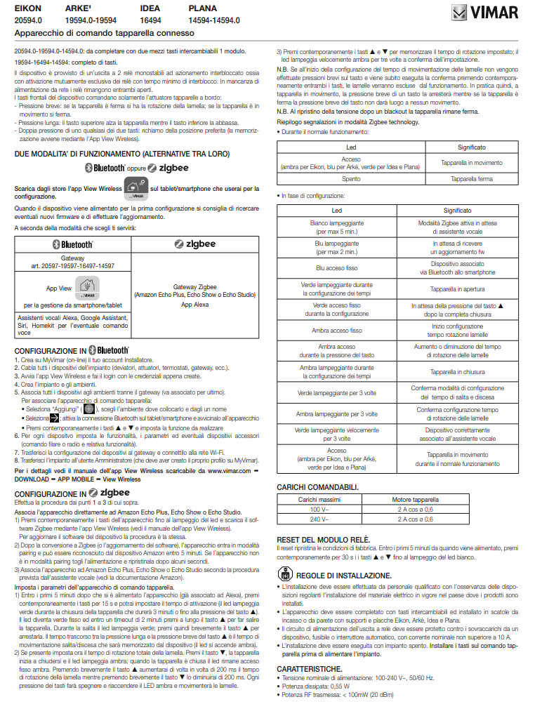 Manuale di Istruzioni Vimar 14594 PDF