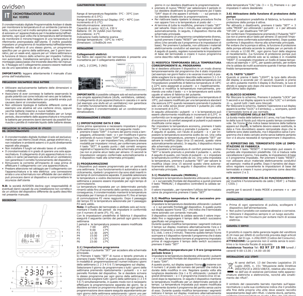 Manuale di Istruzioni Termostato Avidsen 103953 PDF