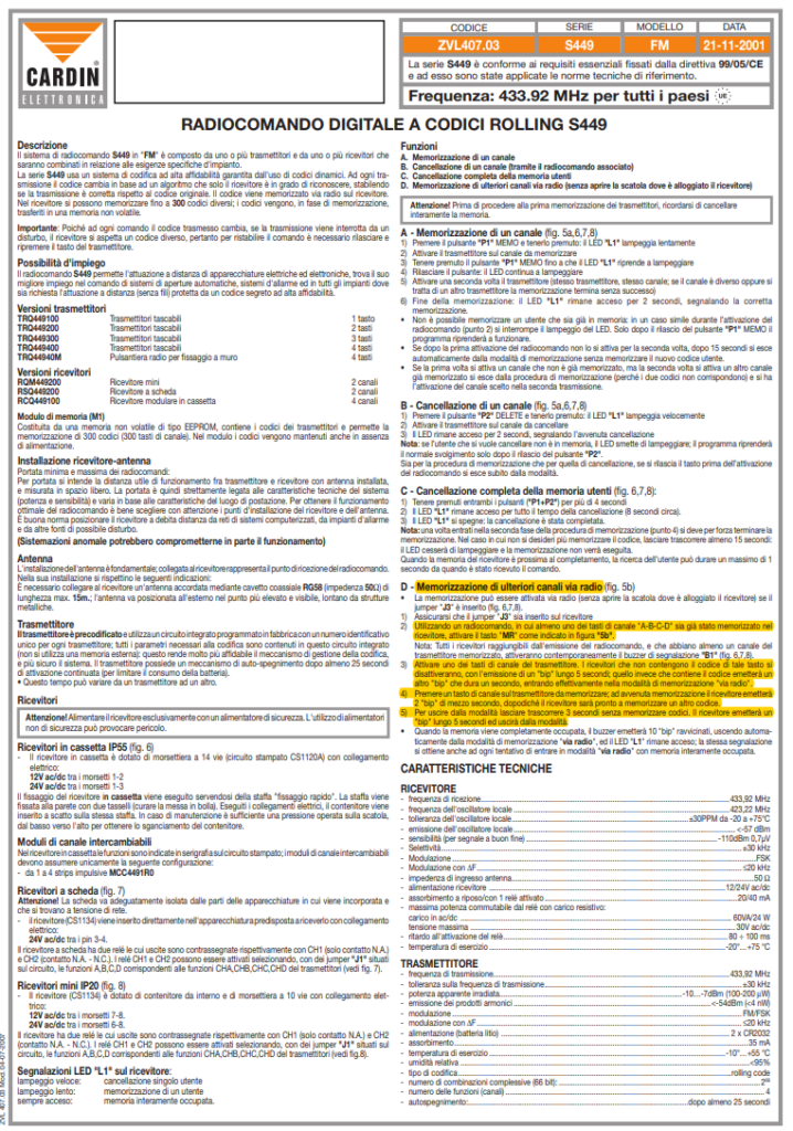 Manuale telecomando Cardin S449​ PDF