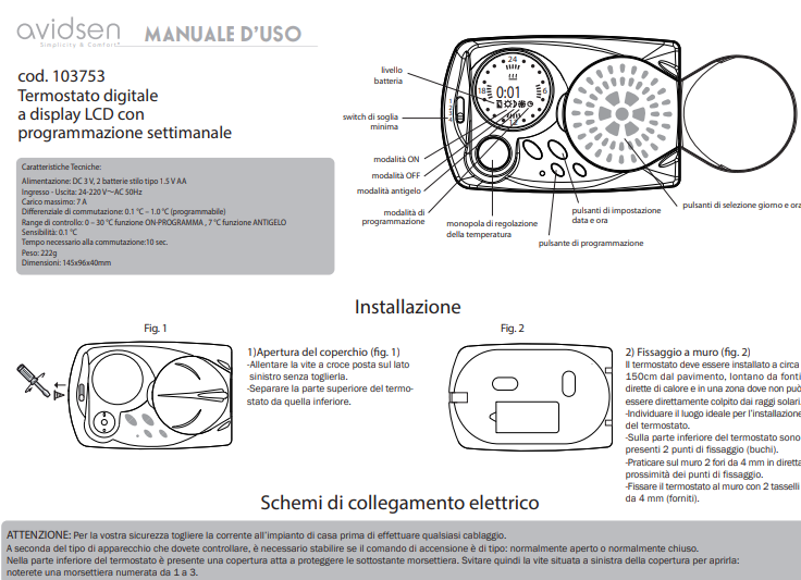 Manuale Termostato Digitale Avidsen 103753​ PDF