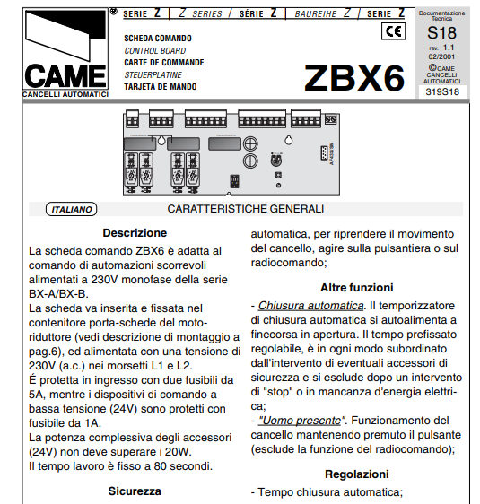 Manuale Came ZBX6 PDF