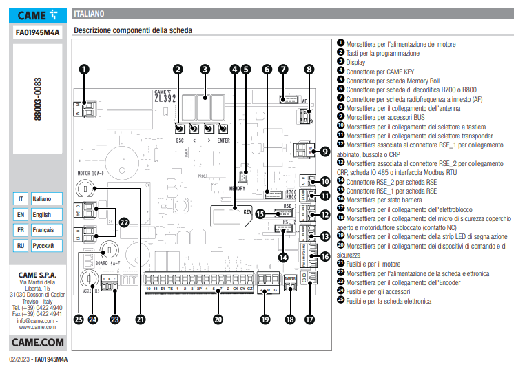 Manuale Came ZL392 PDF