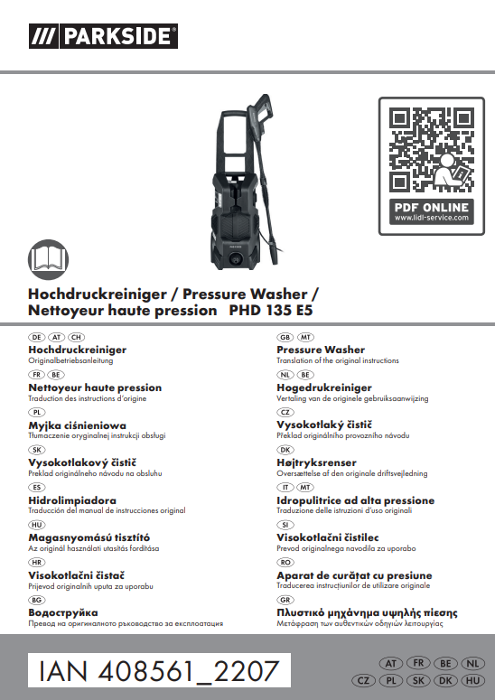 Manuale Idropulitrice Parkside PHD 135 E5 PDF