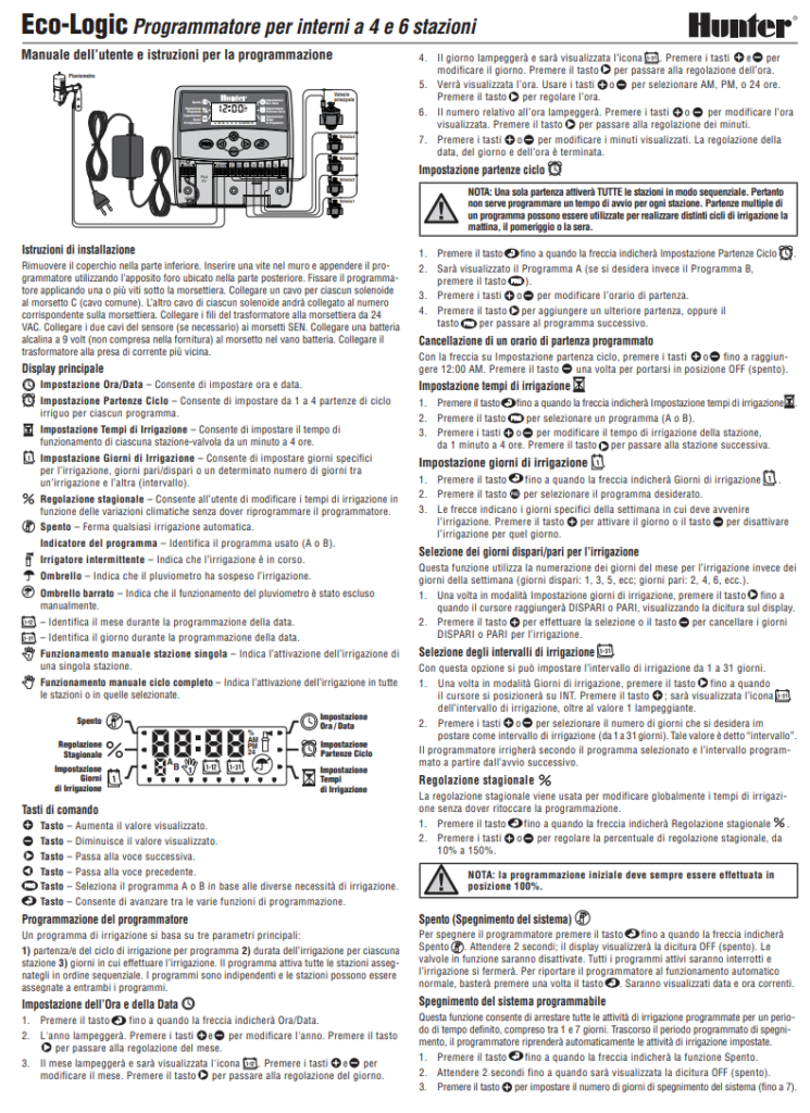 Manuale Programmatore Hunter Eco-Logic 4 e 6 Stazioni PDF