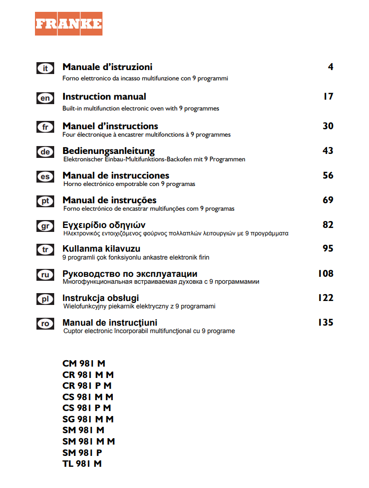 Manuale Forno Franke SM 981 M XS PDF