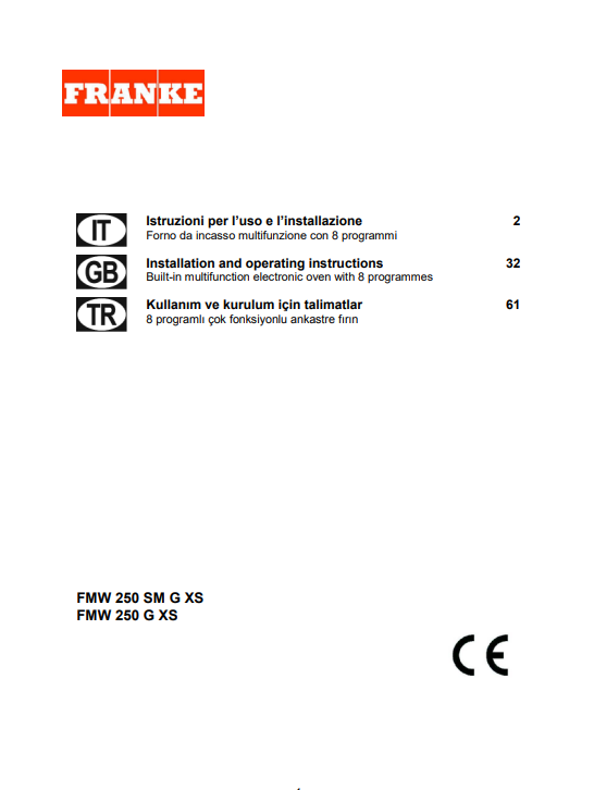 Manuale Forno Franke FMW 250 SM G XS - FMW 250 G XS PDF