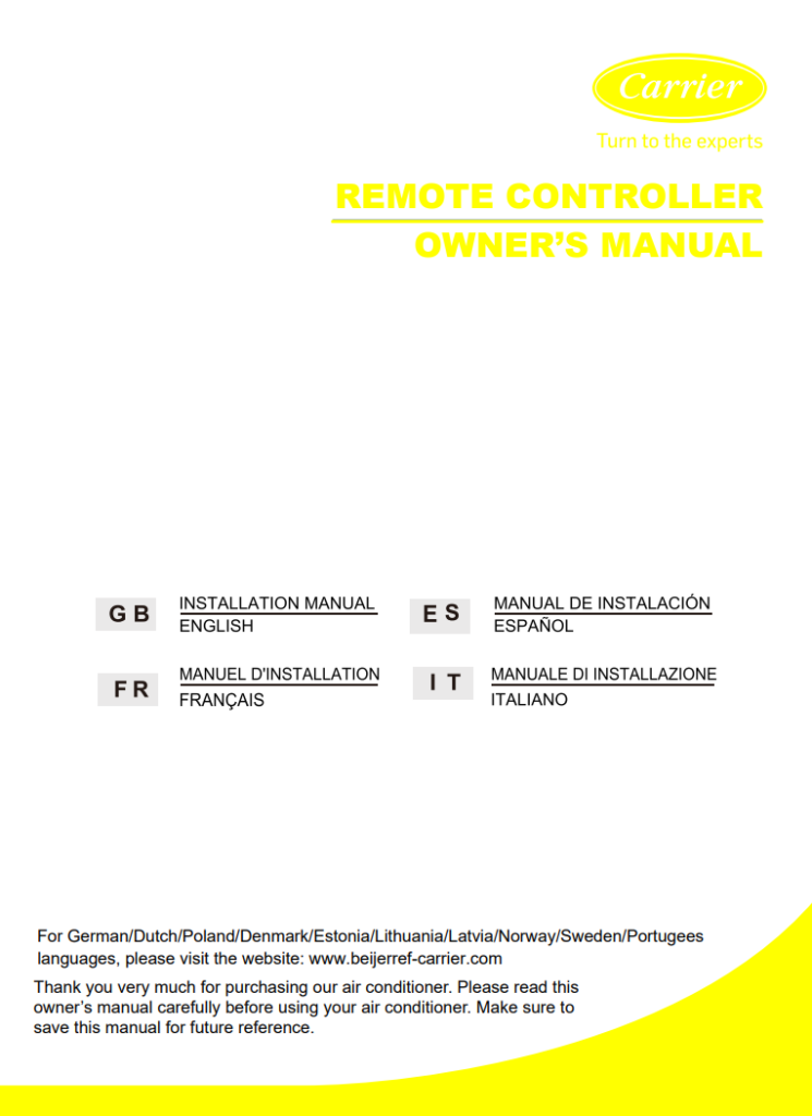 Manuale telecomando condizionatore Carrier PDF