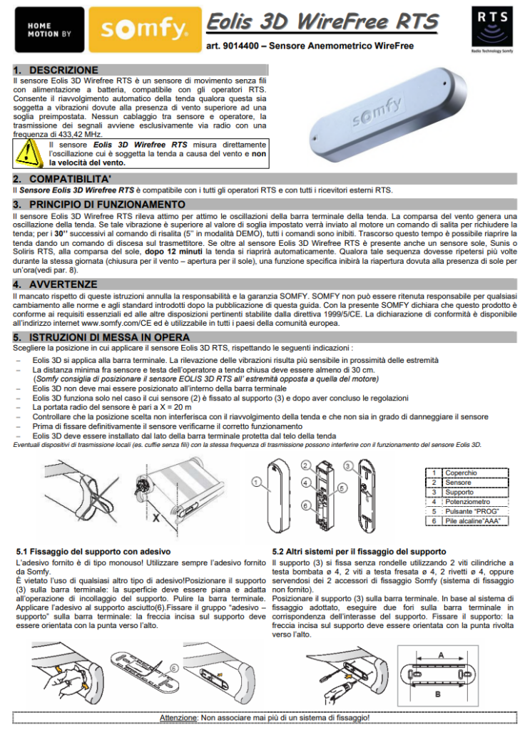 Manuale Sensore Anemometrico Somfy 3D Eolis Wirefree RTS PDF