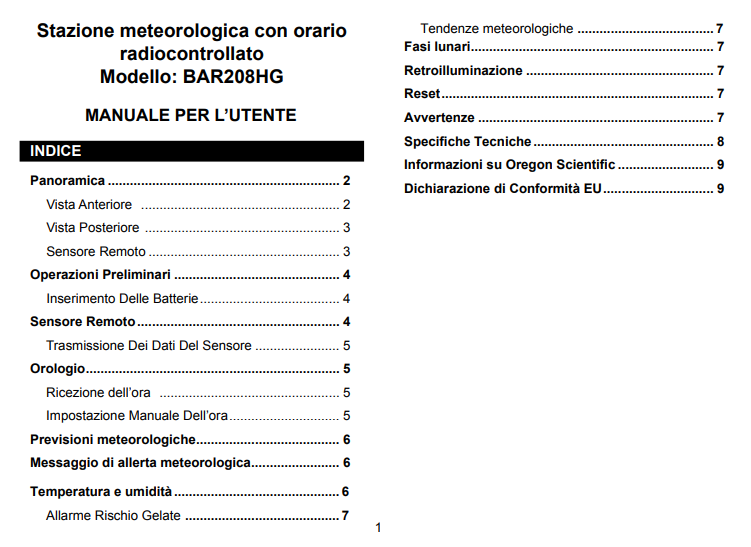 Manuale Stazione Meteorologica Oregon Scientific BAR208HG PDF