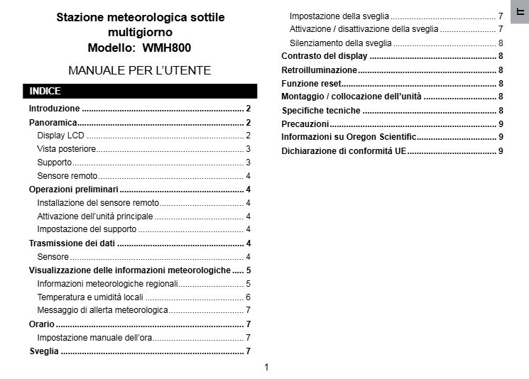 Manuale Stazione Meteorologica Oregon Scientific WMH800 PDF