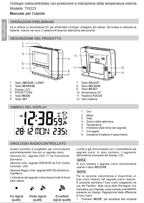 Manuale Sveglia Oregon Scientific TW223 PDF