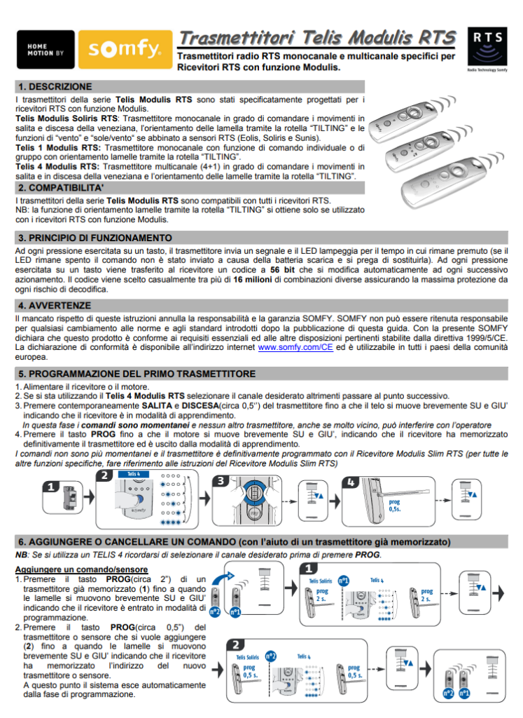 Manuale Telecomando Somfy Telis 1 RTS PDF