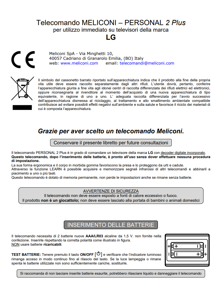 Manuale Telecomando Universale Meliconi Personal 2 Plus PDF