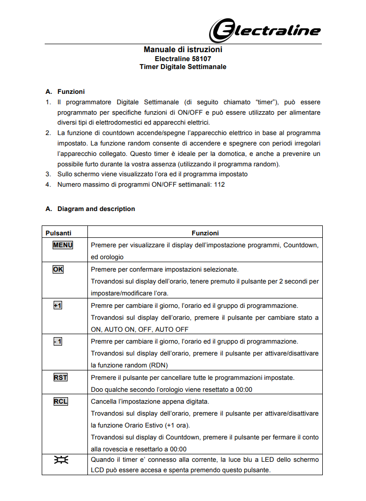 Manuale Istruzioni Timer Digitale Electraline 58107 PDF