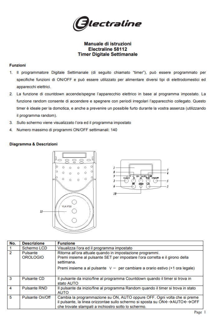 Manuale Timer Digitale Electraline 58112 PDF