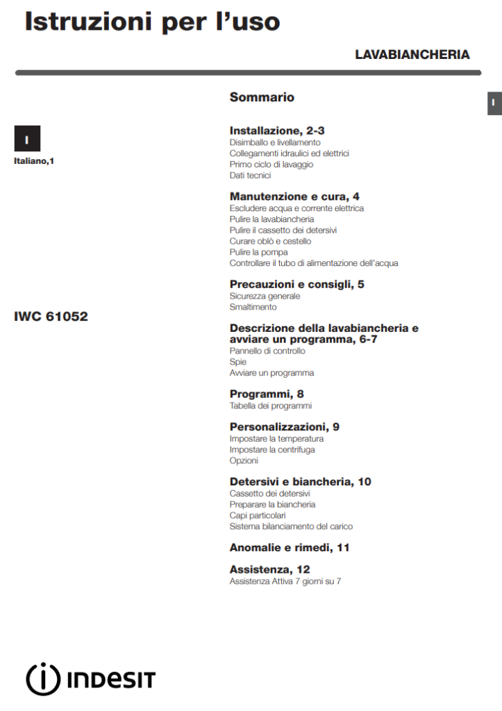 Manuale Lavatrice Indesit 6 kg​ IWC 61052 PDF