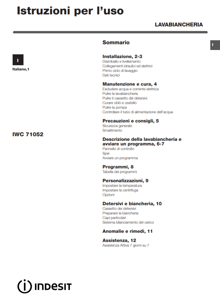 Manuale Lavatrice Indesit 7 Kg IWC 71052 PDF