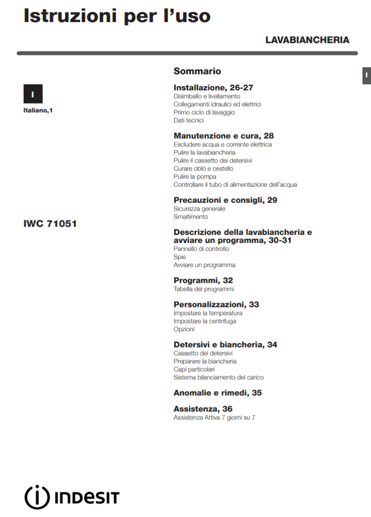 Manuale Lavatrice Indesit 7 kg IWC 71051​ PDF