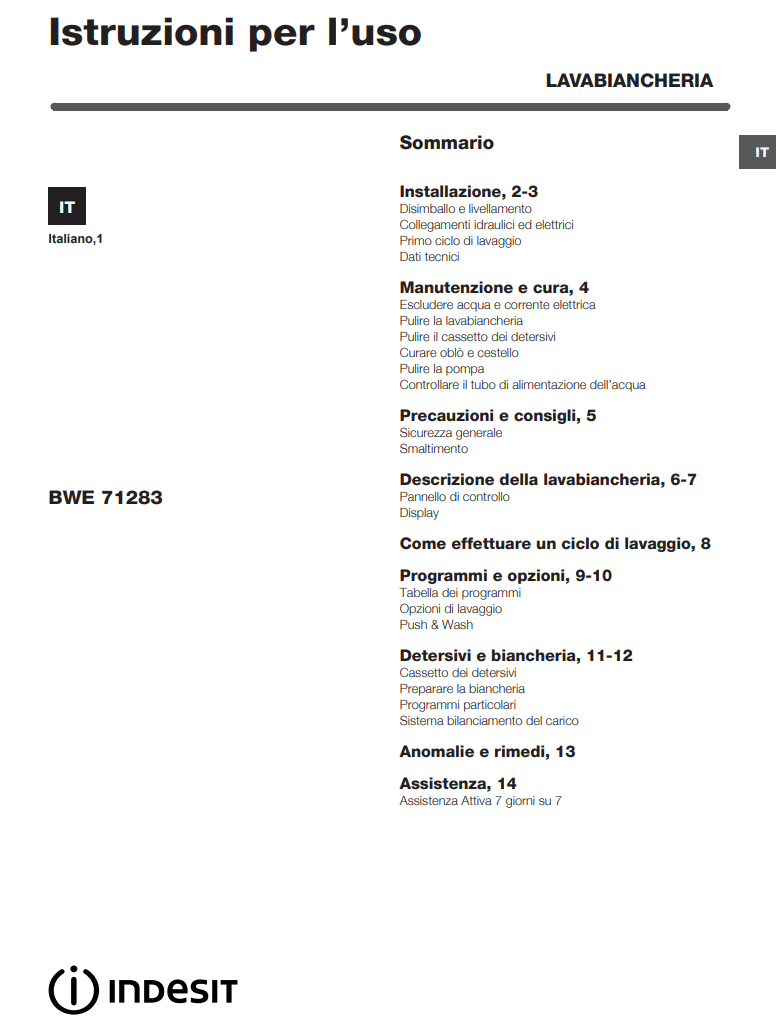 Manuale Lavatrice Indesit Water Balance BWE 71283 PDF