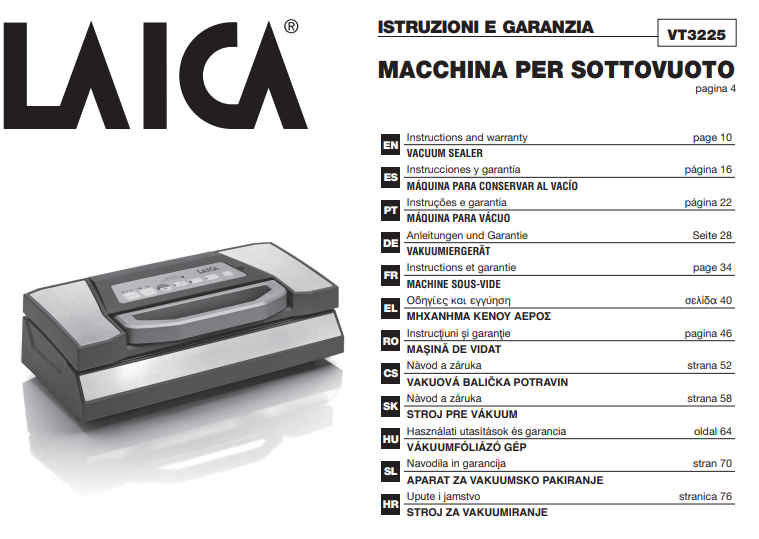 Manuale Macchina Sottovuoto Laica VT3225 PDF
