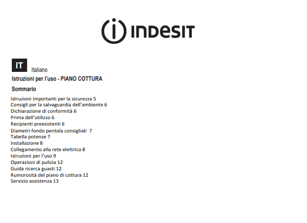 Manuale Piano Induzione Indesit Indesit VID 741 B C PDF