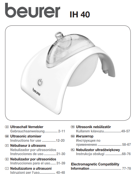 Manuale Istruzioni Aerosol Beurer IH 40 PDF