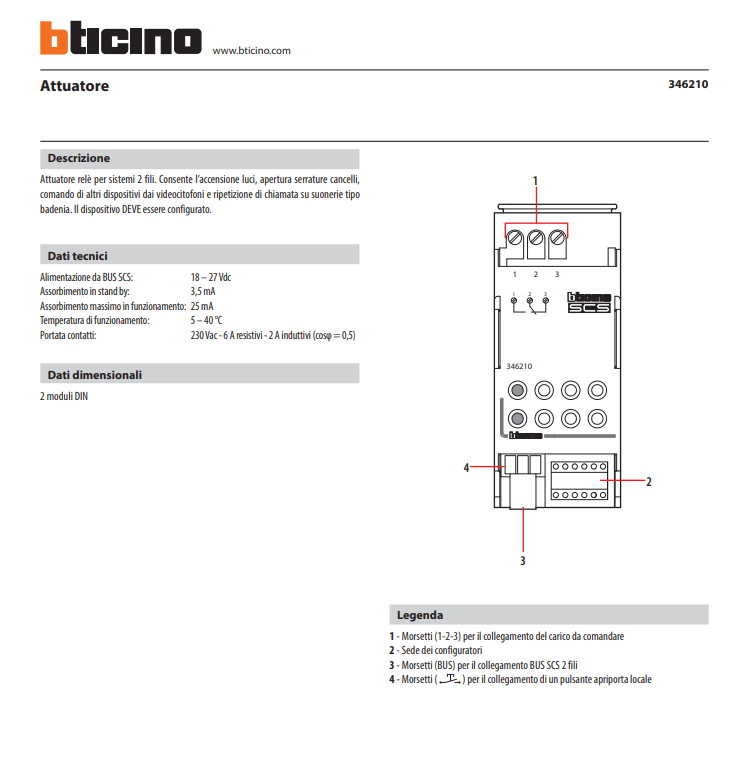 Manuale BTicino 346210 PDF