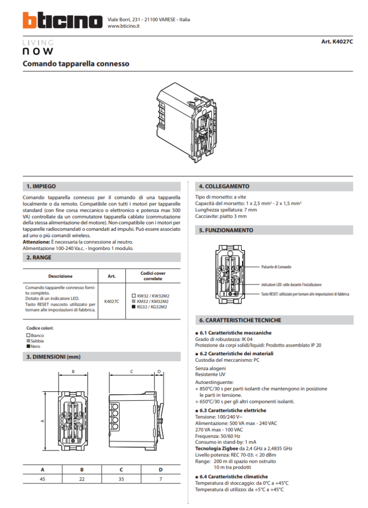 Manuale Comando Tapparella Connesso BTicino Living Now K4027C PDF