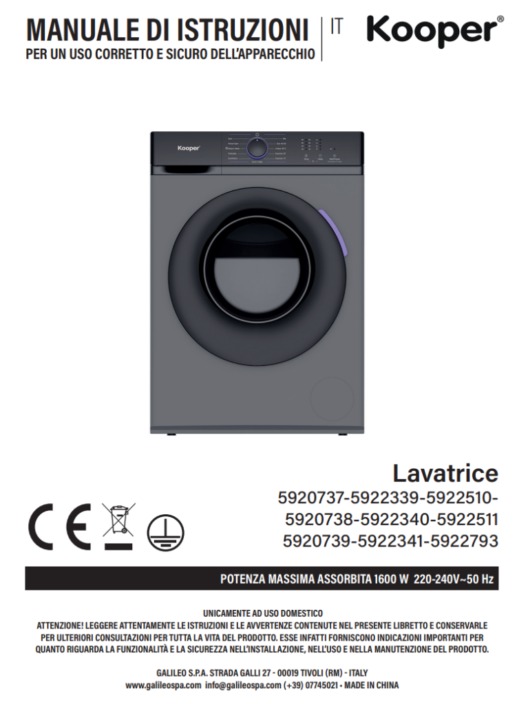 Manuale Lavatrice Kooper 6 Kg - 8 Kg - 10 Kg PDF