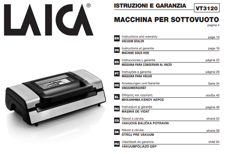 Manuale Macchina per Sottovuoto Laica VT3120 PDF