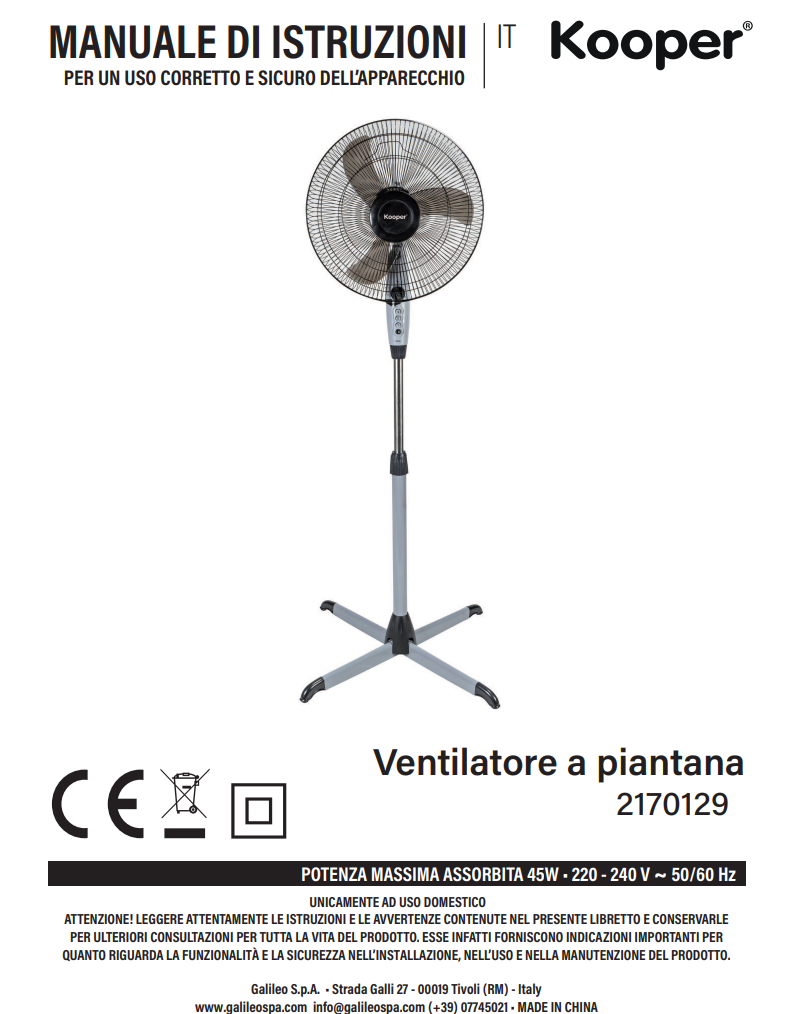 Manuale Ventilatore a Piantana Kooper 2170129 PDF