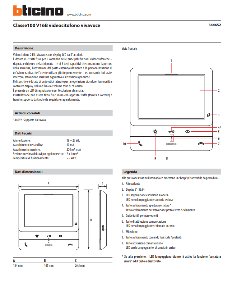 Manuale Videocitofono BTicino 344652 PDF