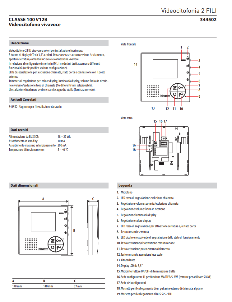 Manuale Videocitofono BTicino Classe 100 V12B​ PDF