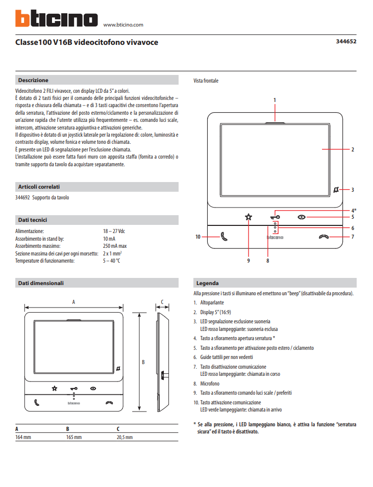 Manuale Videocitofono BTicino Classe100 V16B​ PDF