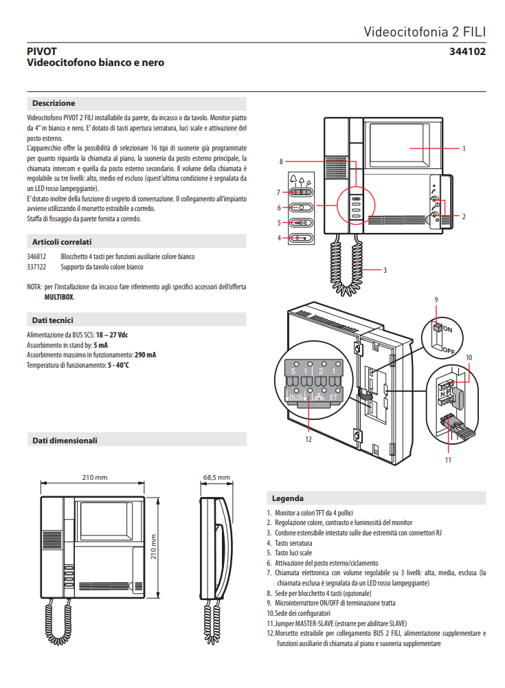Manuale Videocitofono BTicino PIVOT 2 Fili 344102 PDF