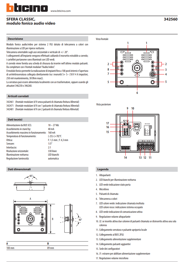 Manuale Videocitofono BTicino Sfera Classic 342560 PDF