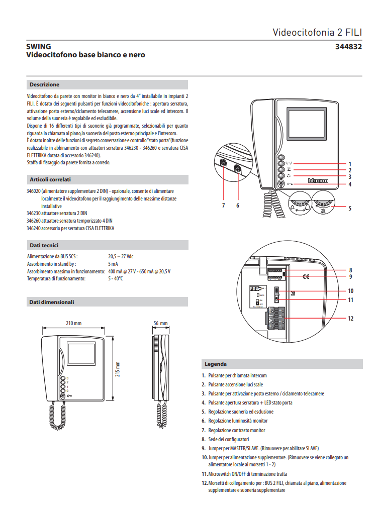 Manuale Videocitofono Due Fili BTicino 344832 PDF