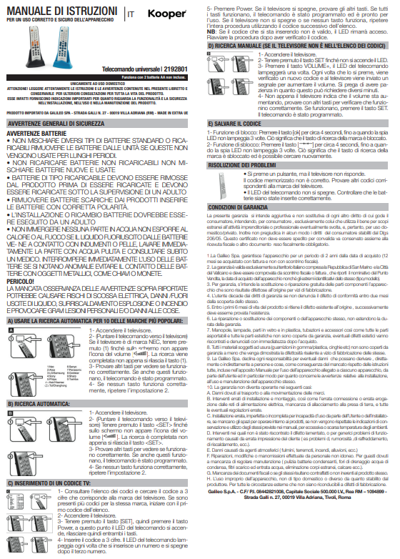Manuale telecomando universale Kooper PDF