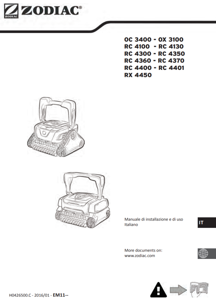 Manuale Robot Piscina Zodiac OC 3400 - OX 3100 RC 4100 - RC 4130 RC 4300 - RC 4350 RC 4360 - RC 4370 RC 4400 - RC 4401 RX 4450 PDF