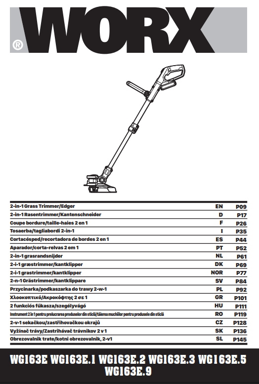 Manuale Tagliabordi Worx WG163E - WG163E.1 -WG163E.2 - WG163E.3 - WG163E.5 - WG163E.9 PDF