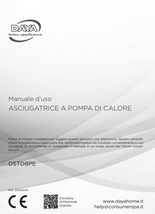 Manuale Istruzioni Asciugatrice Daya 8 Kg DSTD8PE PDF