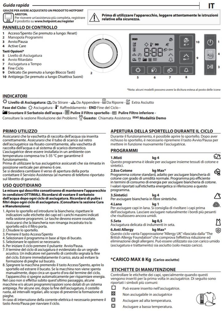 Manuale Asciugatrice Hotpoint Ariston 8 Kg PDF