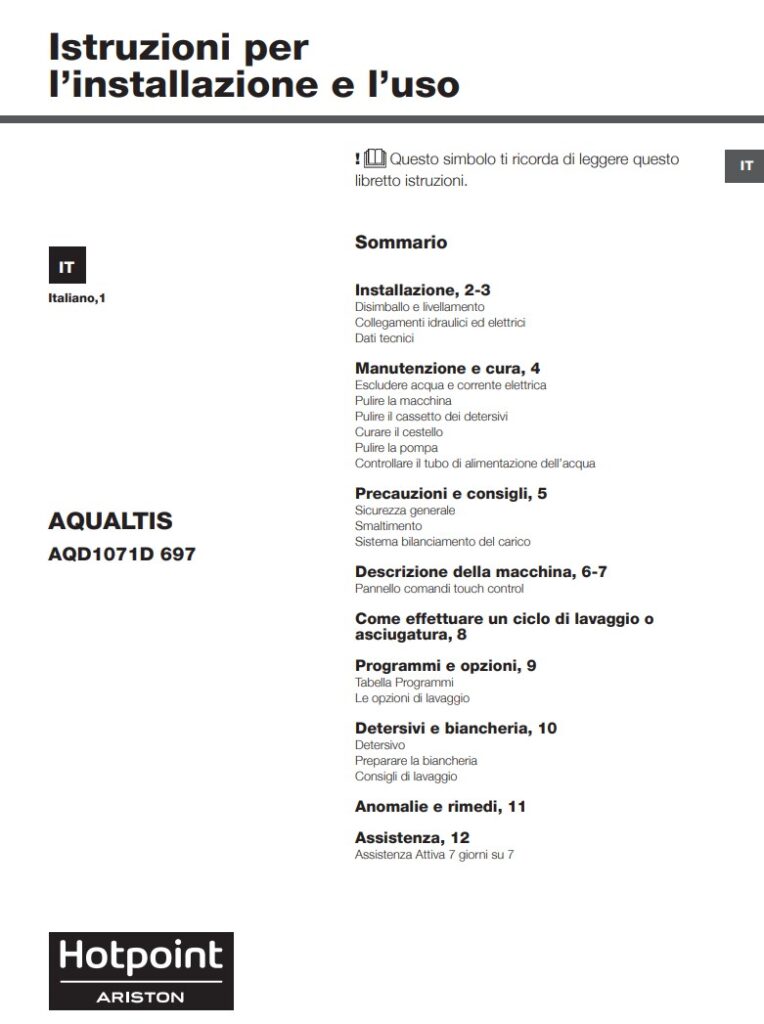 Manuale Lavasciuga Hotpoint Ariston Aqualtis AQD1071D 697 PDF