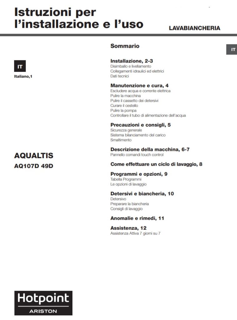 Manuale Lavatrice Hotpoint Ariston 10 Kg AQUALTIS AQ107D 49D PDF