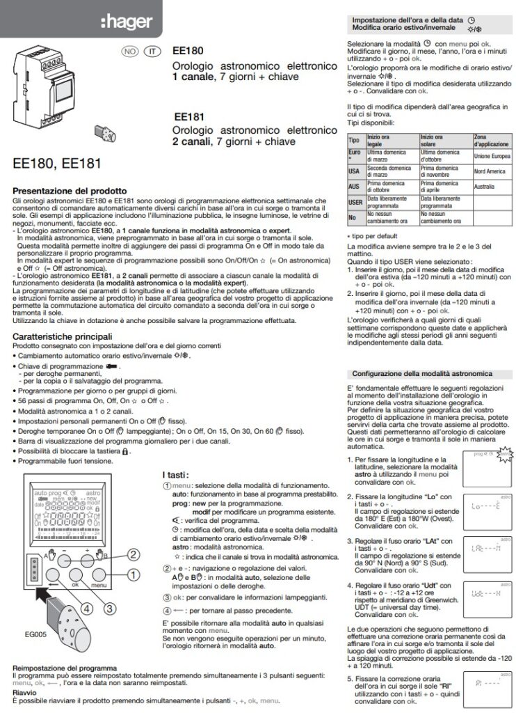 Manuale Orologio Hager EE180 - EE181 PDF