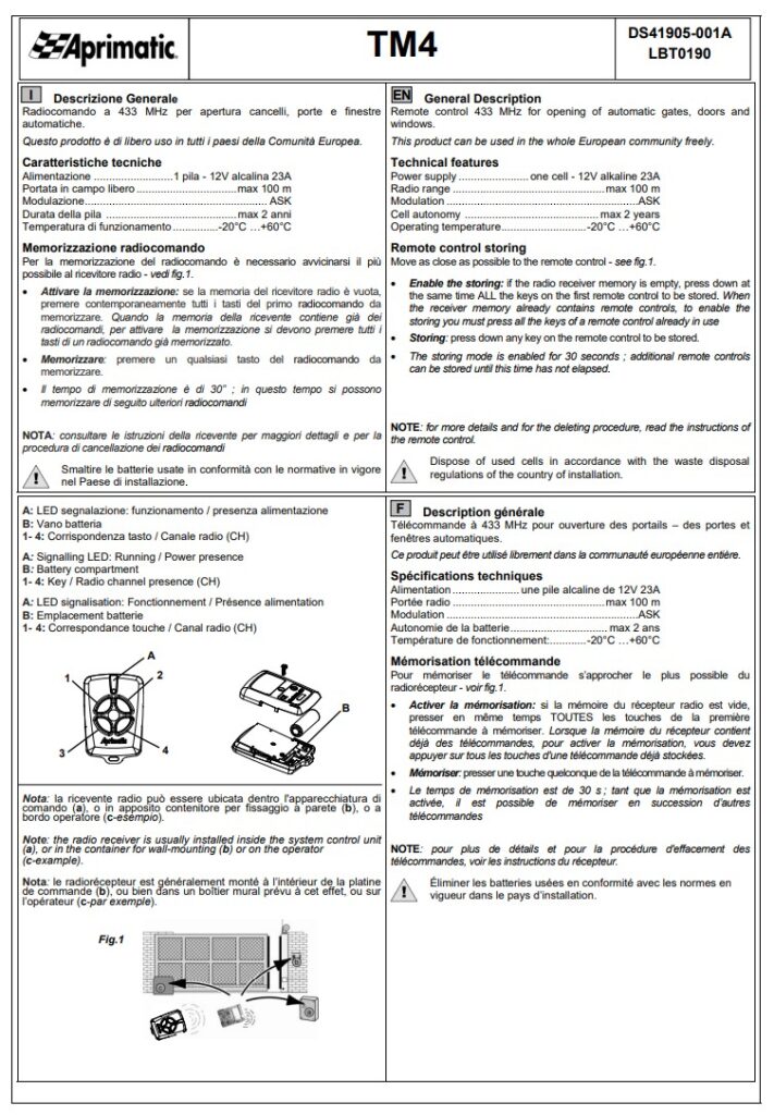 Manuale Telecomando Aprimatic TM4 PDF