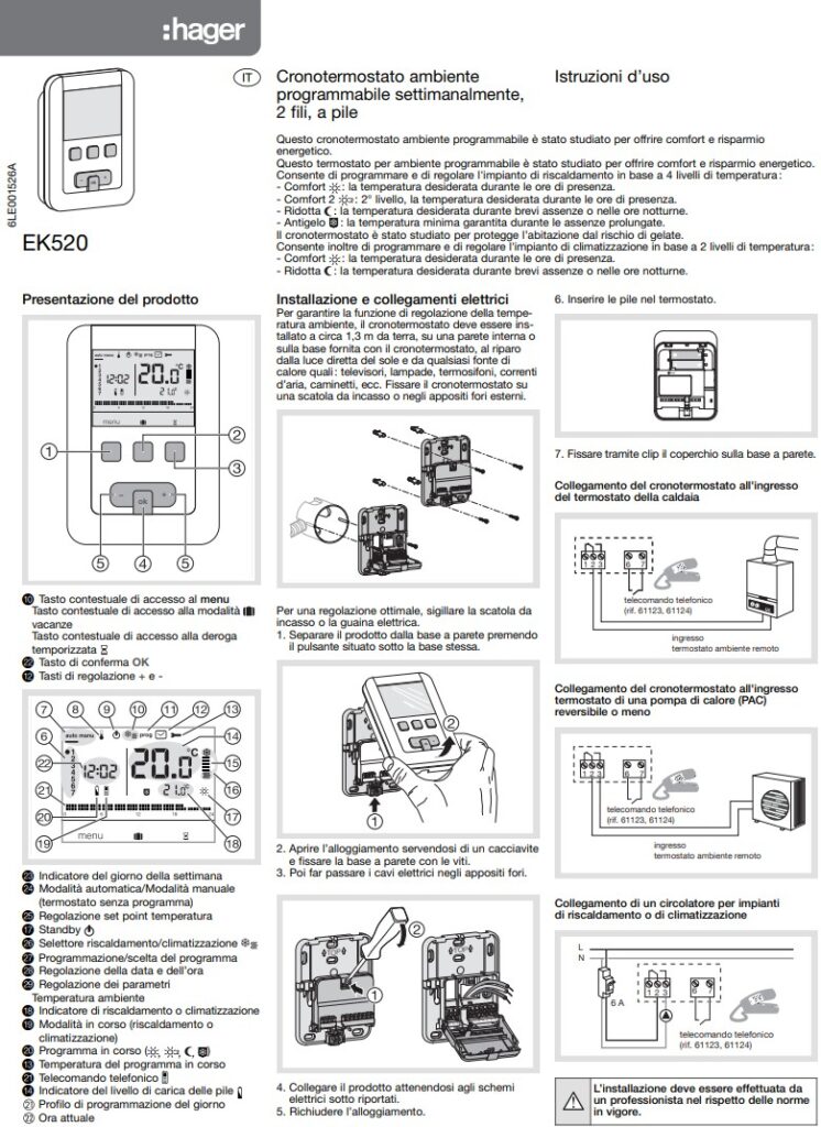 Manuale Termostato Hager EK520 PDF
