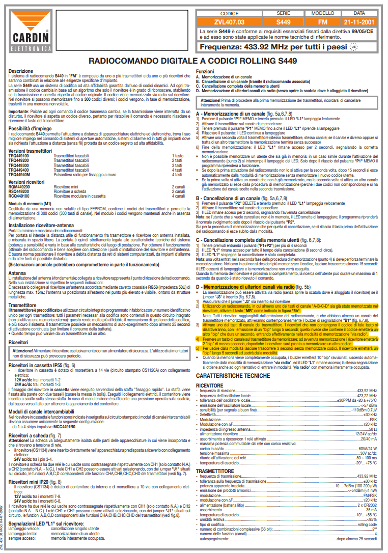 Manuale telecomando Cardin S449​ PDF